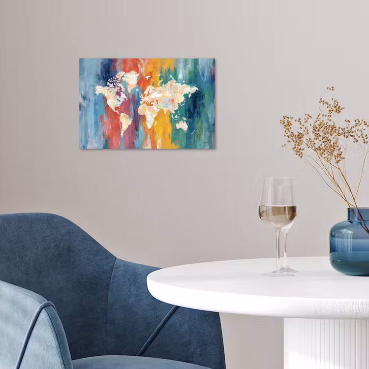 Penseelstreken - Kleurrijk - Schilderij - Wereldkaart poster papier klein -sfeer3