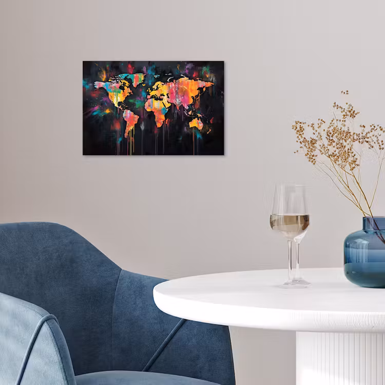 Penseelstreken - Artistiek - Wereldkaart - Kleurrijk poster papier klein -sfeer3