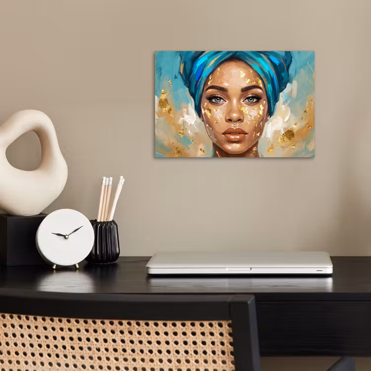 Portret - Vrouw - Schilderij - Blauw - Goud - Expressief poster papier klein -sfeer1