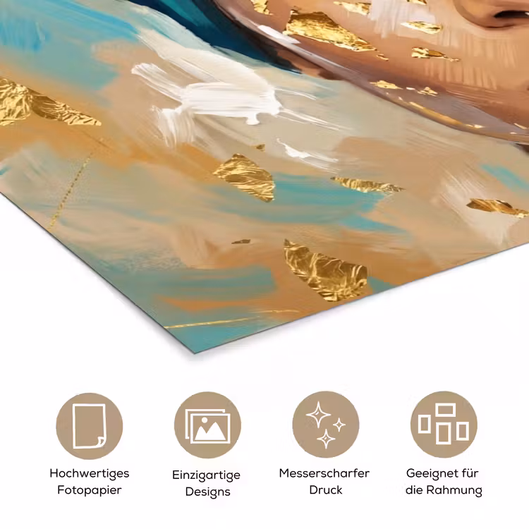 Portret - Vrouw - Schilderij - Blauw - Goud - Expressief poster papier klein -tcloseup_DE