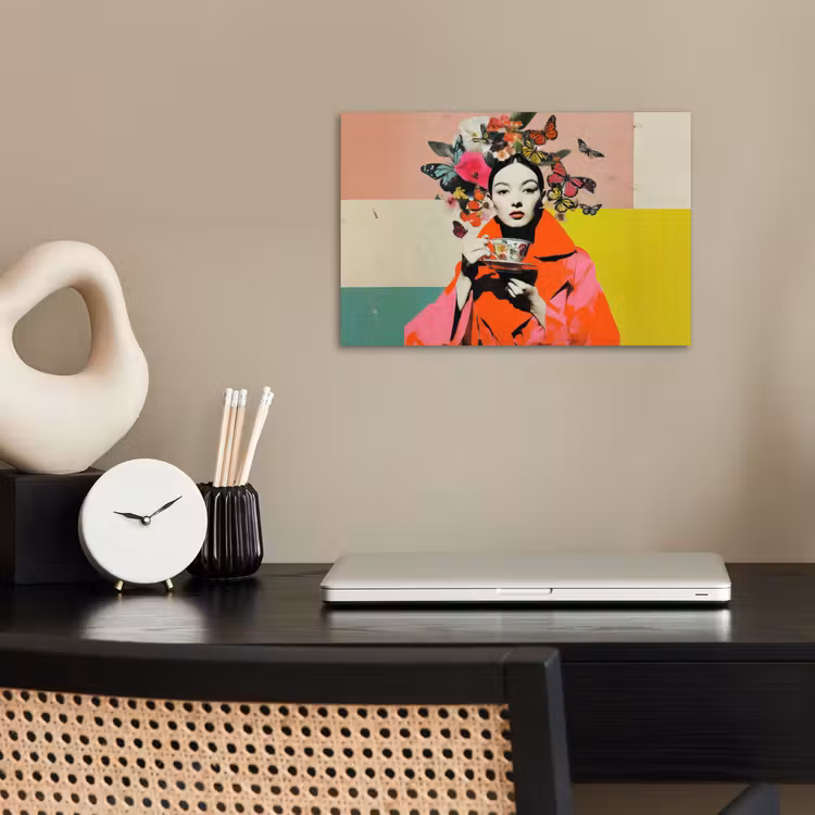 Retro - Vrouw - Kopje - Vlinders poster papier klein -sfeer1