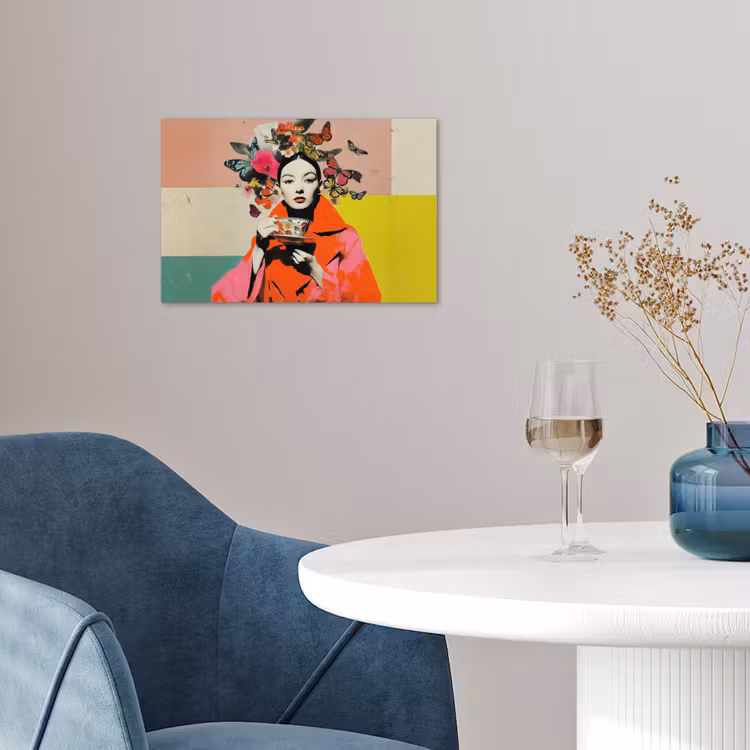 Retro - Vrouw - Kopje - Vlinders poster papier klein -sfeer3