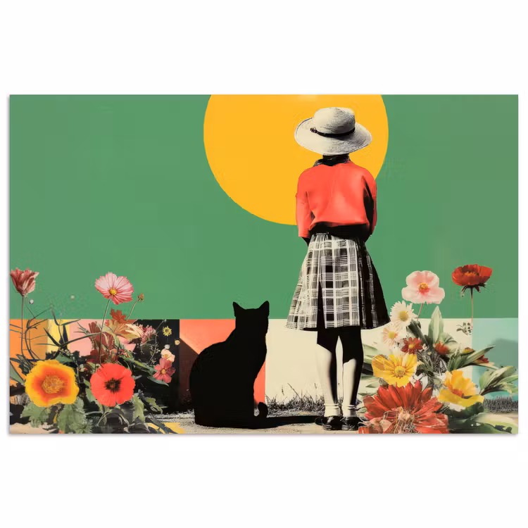 Retro - Meisje - Kat - Zon poster papier klein -3d