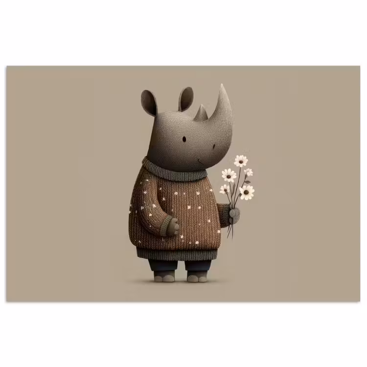 Neushoorn - Witte bloemen - Lief poster papier klein -3d