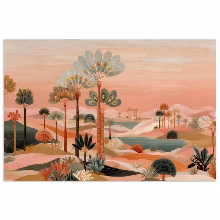 Roze landschap - Palmen - Water poster papier klein -3d