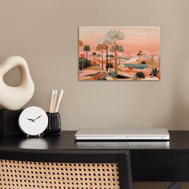 Roze landschap - Palmen - Water poster papier klein -sfeer1