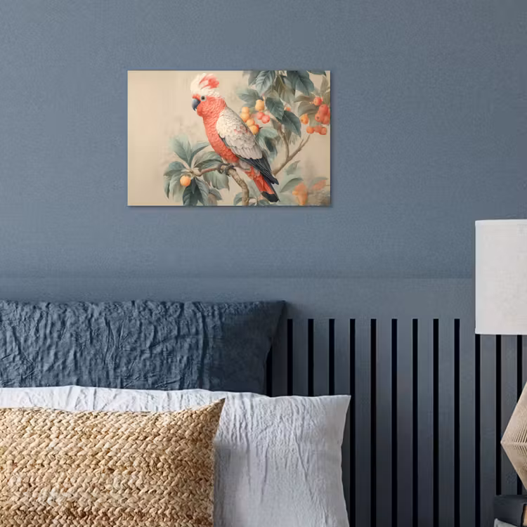 Roze kuifkaketoe - Tak met vruchten - Bladeren poster papier klein -sfeer2