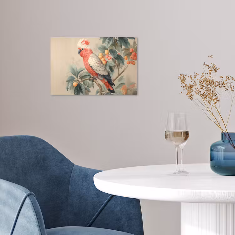 Roze kuifkaketoe - Tak met vruchten - Bladeren poster papier klein -sfeer3