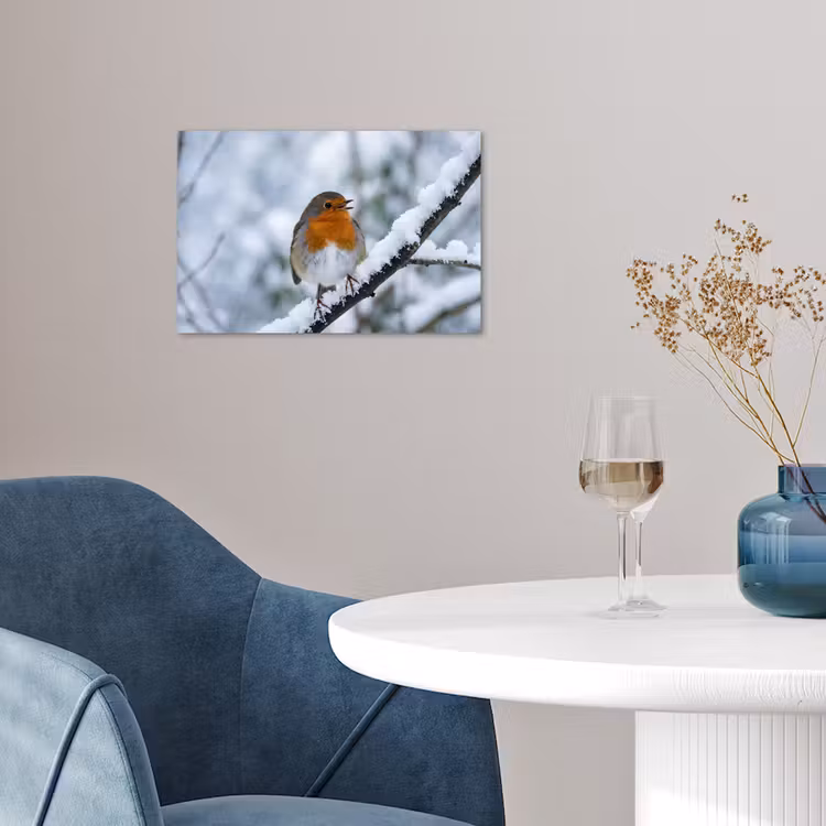 Roodborstje - Tak - Sneeuw - Winter - Levendig poster papier klein -sfeer3