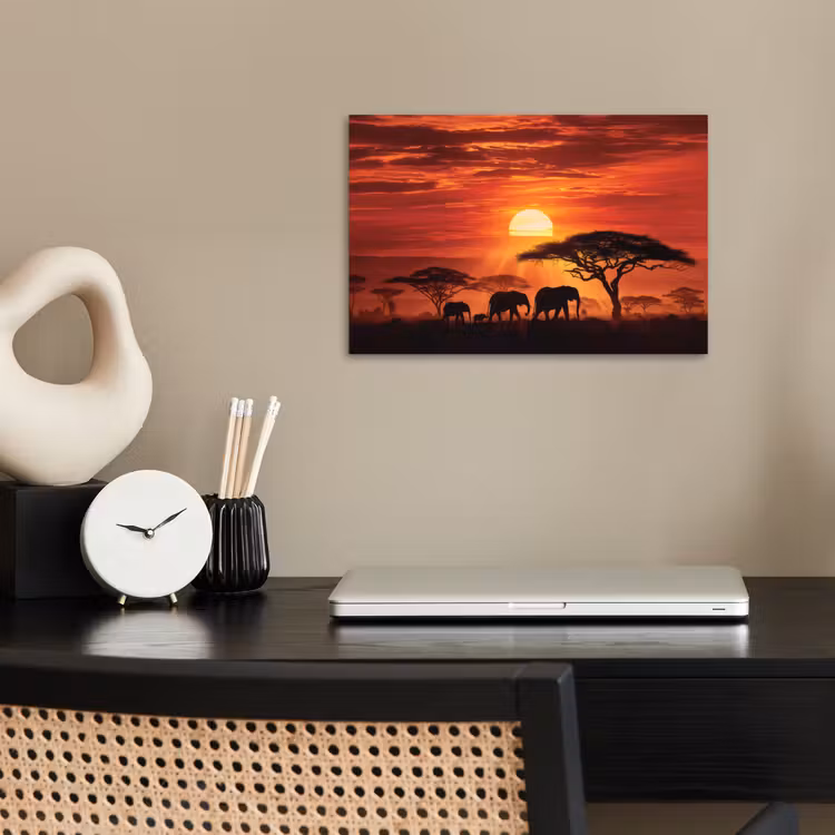 Savanne - Olifanten - Zonsondergang poster papier klein -sfeer1