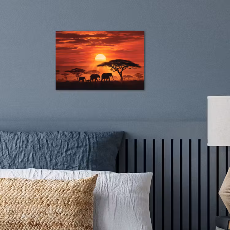 Savanne - Olifanten - Zonsondergang poster papier klein -sfeer2