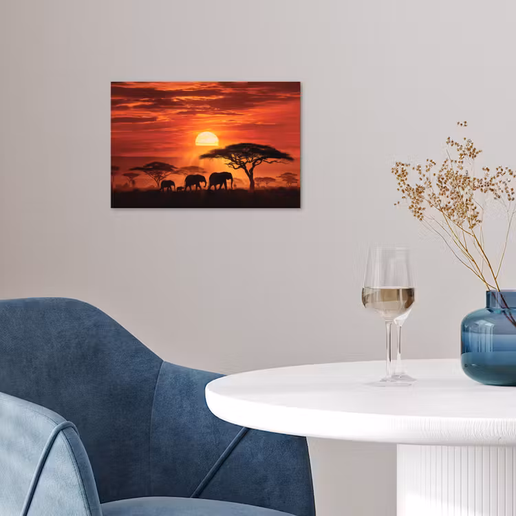 Savanne - Olifanten - Zonsondergang poster papier klein -sfeer3