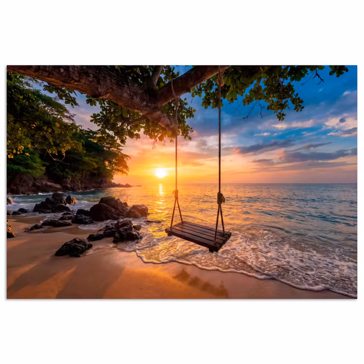 Schommel - Strand - Zonsondergang - Natuur - Oranje poster papier klein -3d