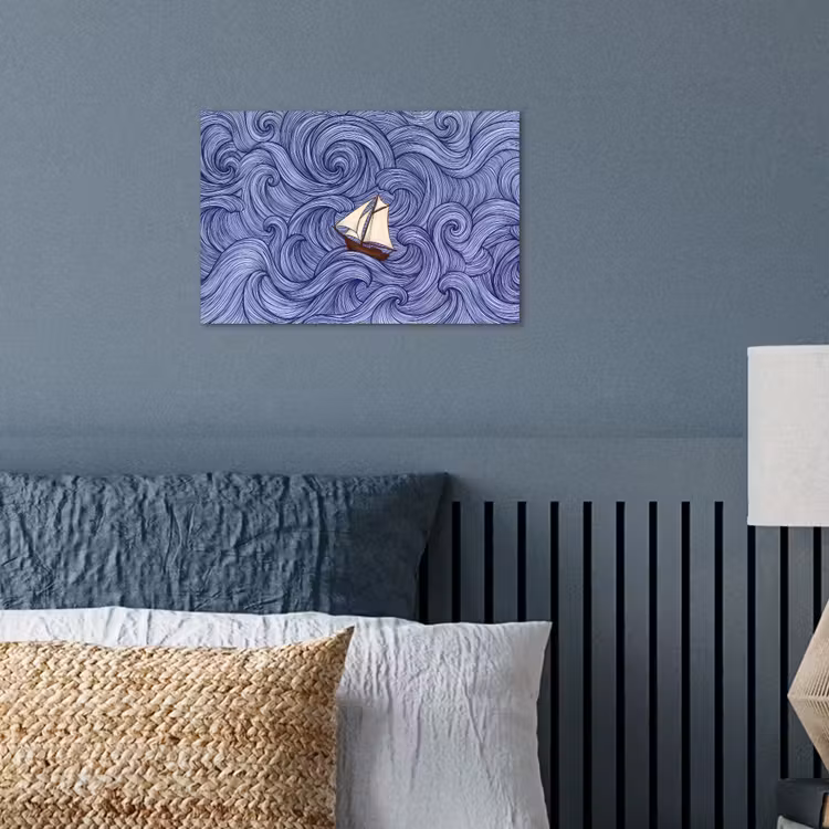 Schip - Golven - Zee - Illustratie - Blauw poster papier klein -sfeer2