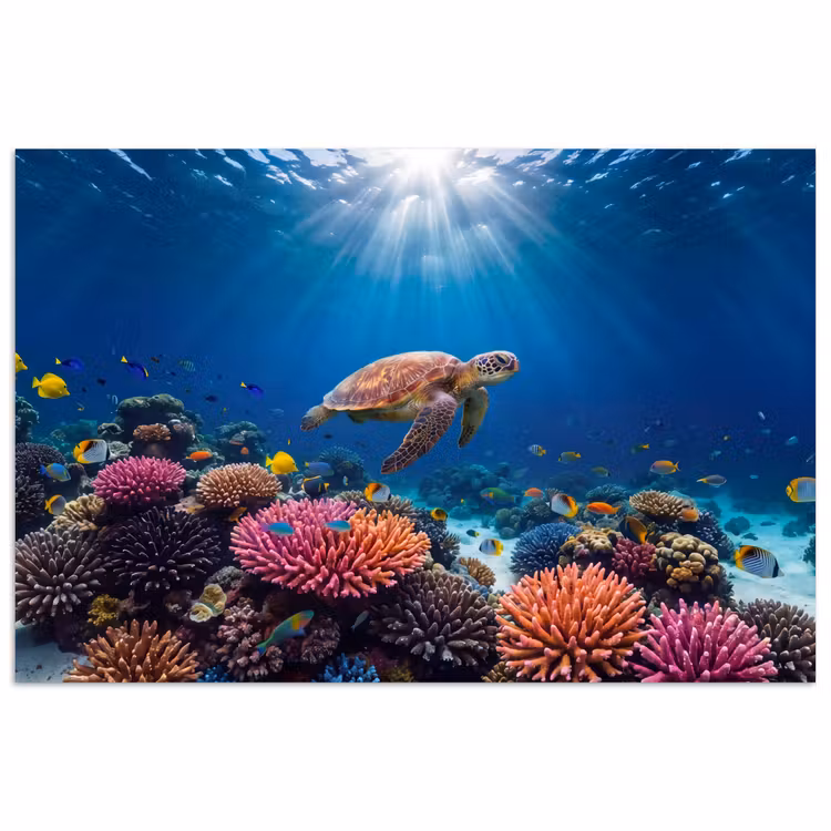Schildpad - Koraalrif - Oceaan - Dieren - Blauw poster papier klein -3d