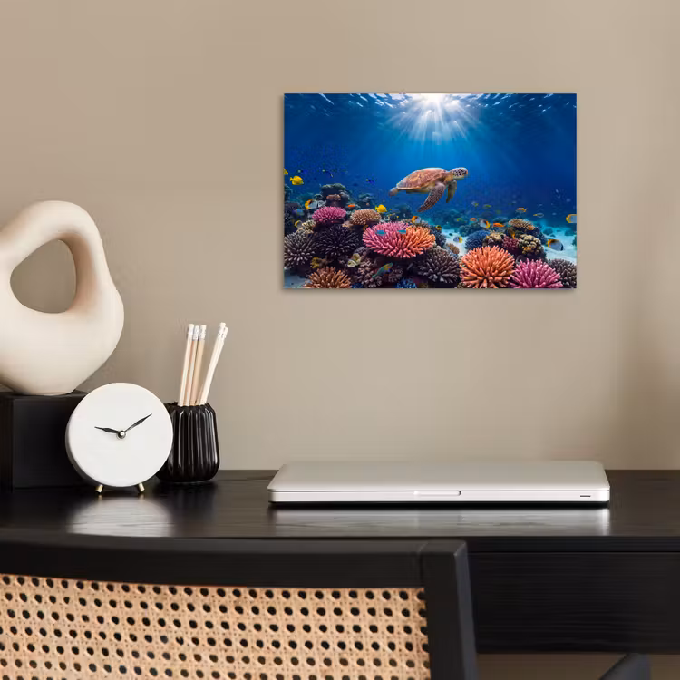 Schildpad - Koraalrif - Oceaan - Dieren - Blauw poster papier klein -sfeer1