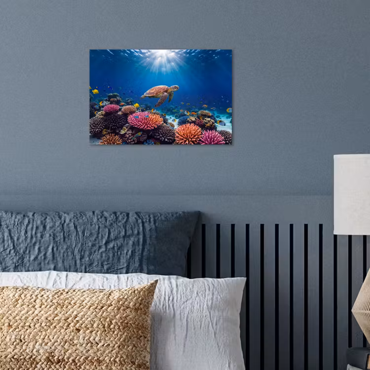 Schildpad - Koraalrif - Oceaan - Dieren - Blauw poster papier klein -sfeer2