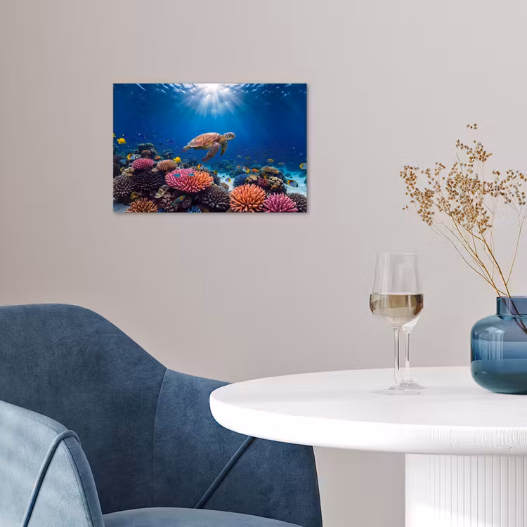 Schildpad - Koraalrif - Oceaan - Dieren - Blauw poster papier klein -sfeer3