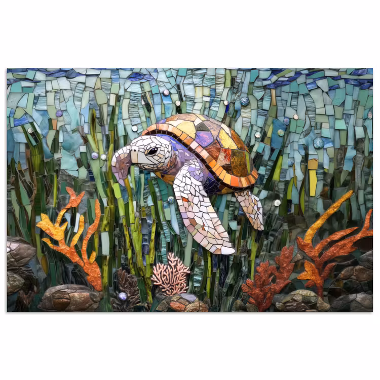Schildpad - Zeewier - Mozaïek poster papier klein -3d