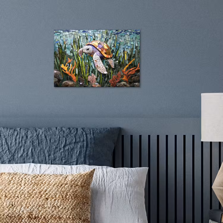 Schildpad - Zeewier - Mozaïek poster papier klein -sfeer2