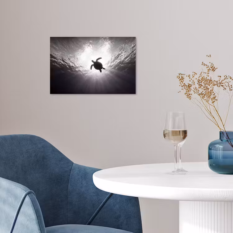 Schildpad - Onderwater - Lichtstralen - Oceaan - Zwart-wit poster papier klein -sfeer3
