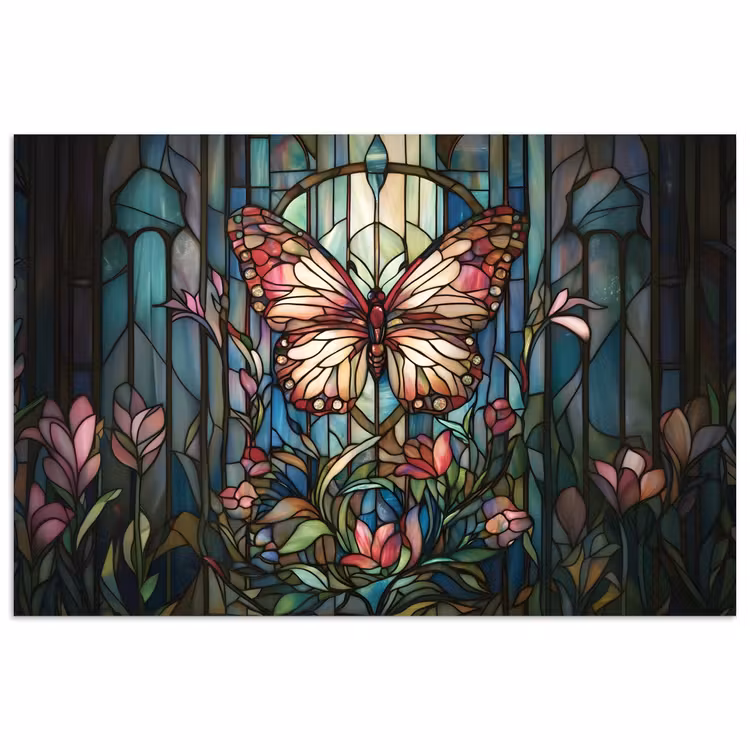 Vlinder - Roze - Bloemen - Bladeren poster papier klein -3d
