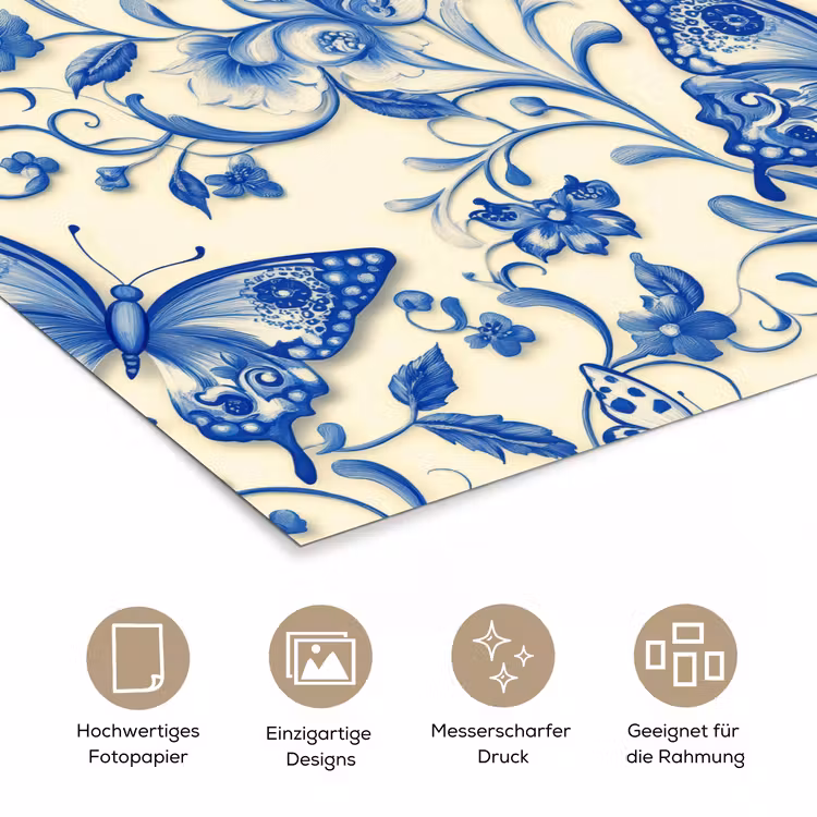 Vlinders - Bloemen - Blauw - Botanisch poster papier klein 62 -tcloseup_DE