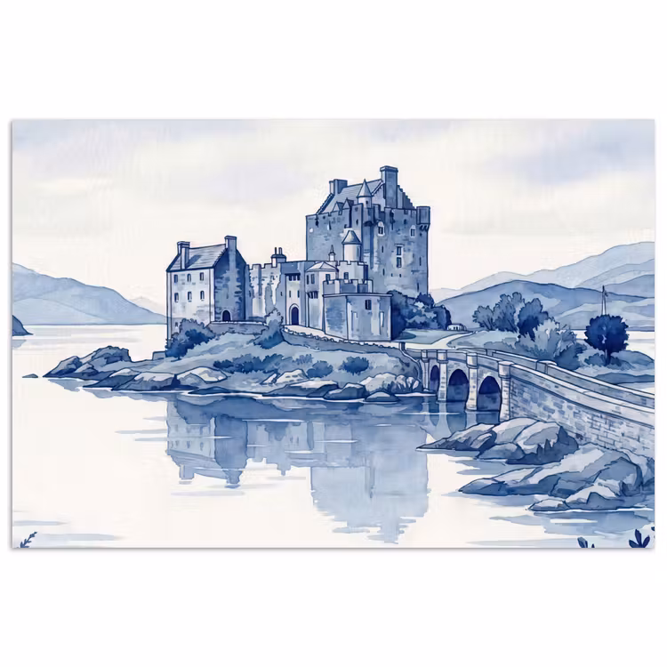 Schots - Kasteel - Blauw - Aquarel poster papier klein -3d
