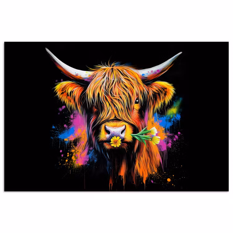 Schotse Hooglander - Graffiti - Kleurrijk - Bloem - Dieren poster papier klein -3d