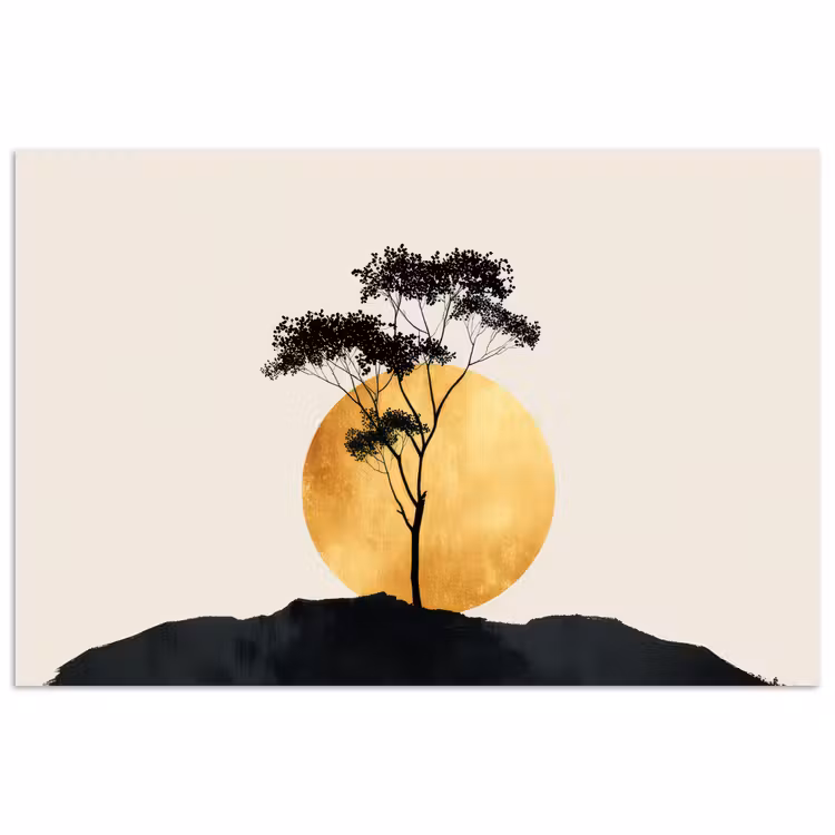 Zwarte boom - Gouden cirkel - Heuvel poster papier klein -3d