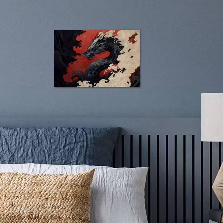 Zwarte draak - Rookwolken - Rood poster papier klein -sfeer2