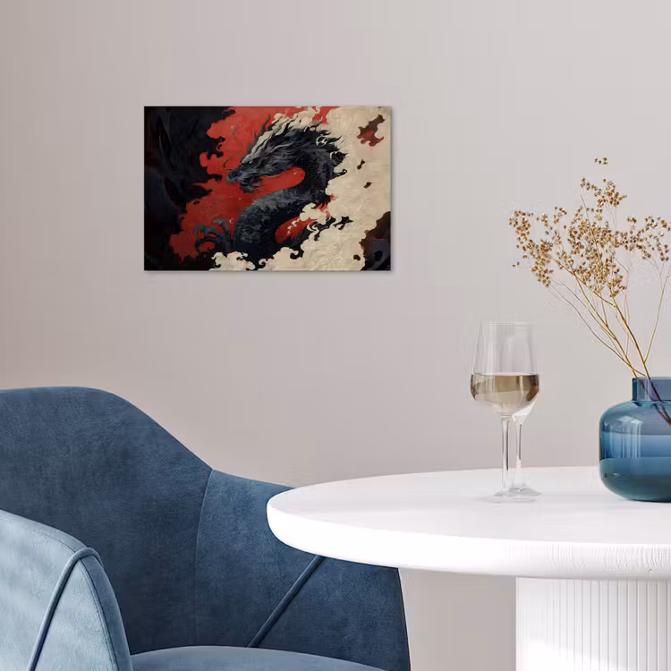Zwarte draak - Rookwolken - Rood poster papier klein -sfeer3