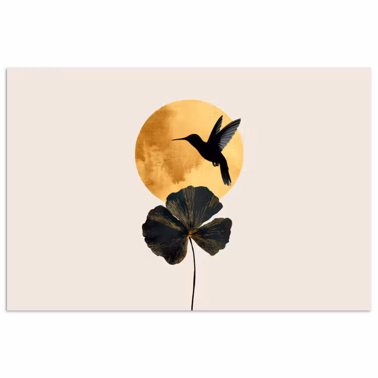 Zwarte kolibrie - Bloem - Gouden cirkel poster papier klein -3d