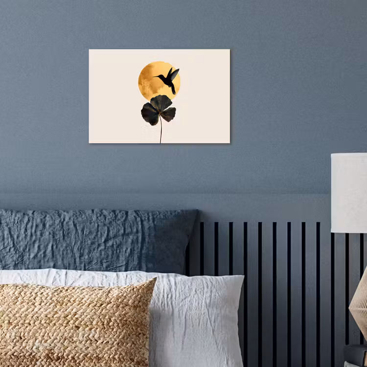 Zwarte kolibrie - Bloem - Gouden cirkel poster papier klein -sfeer2