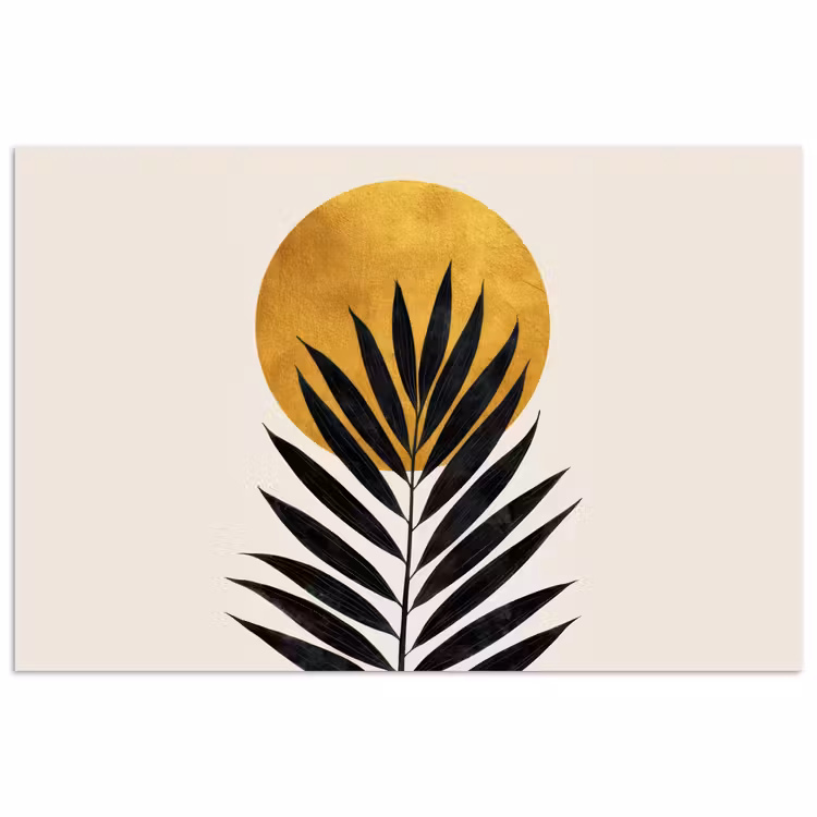 Zwart palmblad - Gouden cirkel - Beige achtergrond poster papier klein -3d