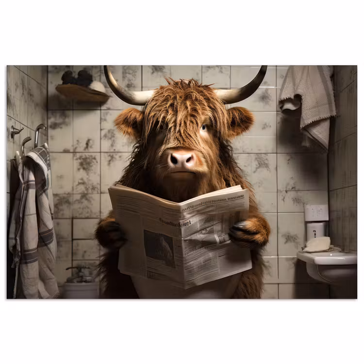 Schotse hooglander - Toilet - Krant - Badkamer poster papier klein -3d