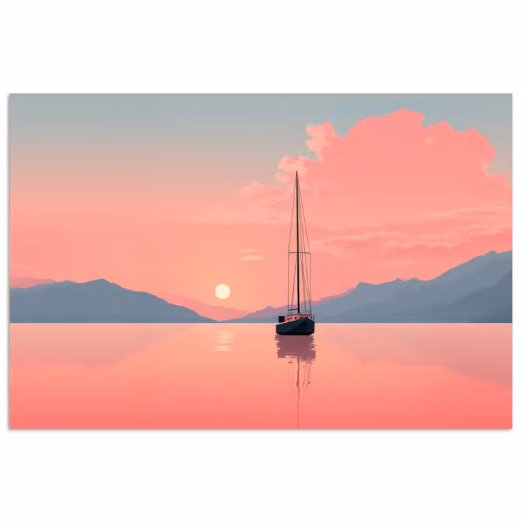 Zeilboot - Roze zee - Zonsondergang - Bergen poster papier klein -3d