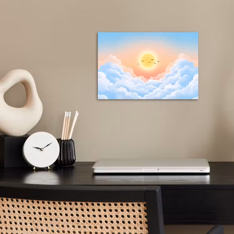 Zon - Vogels - Lucht - Natuur - Geel poster papier klein -sfeer1