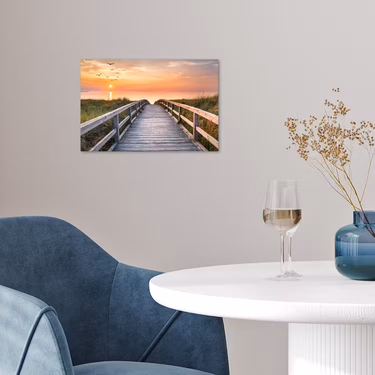 Zonsonderang - Zee - Pad - Gras - Duin - Vogels poster papier klein -sfeer3