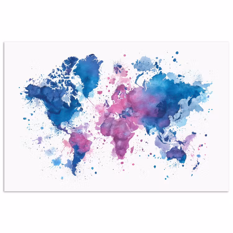 Spatten - Wereldkaart - Blauwtinten poster papier klein -3d