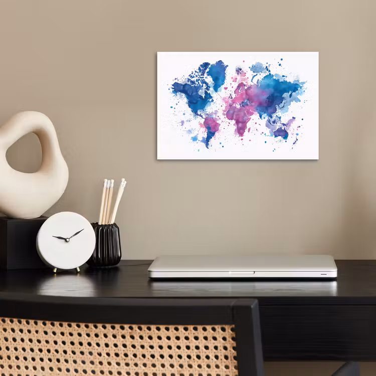 Spatten - Wereldkaart - Blauwtinten poster papier klein -sfeer1