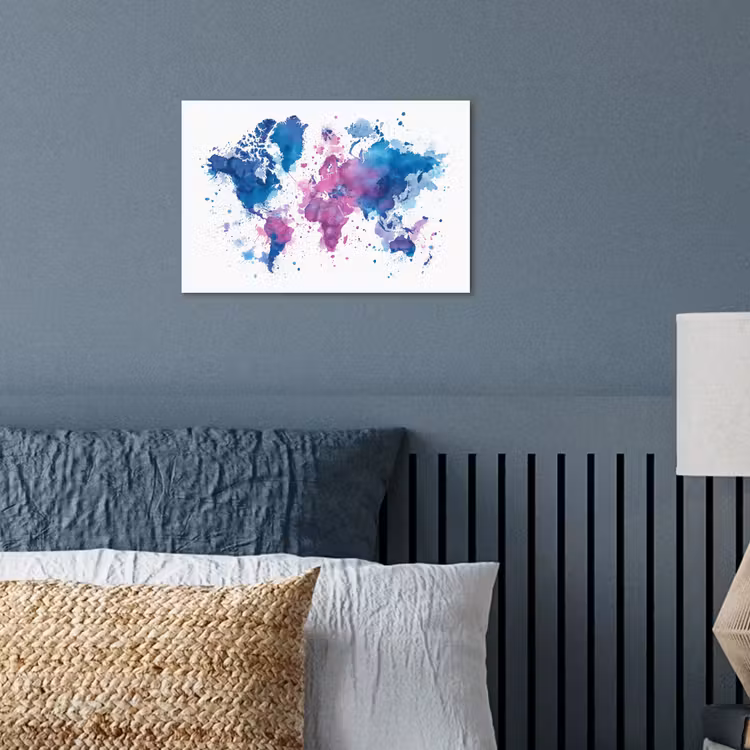 Spatten - Wereldkaart - Blauwtinten poster papier klein -sfeer2