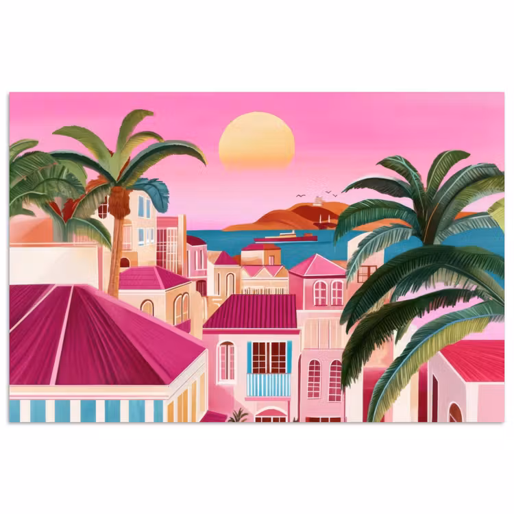 Stad - Roze - Palmbomen poster papier klein -3d