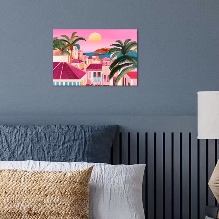 Stad - Roze - Palmbomen poster papier klein -sfeer2