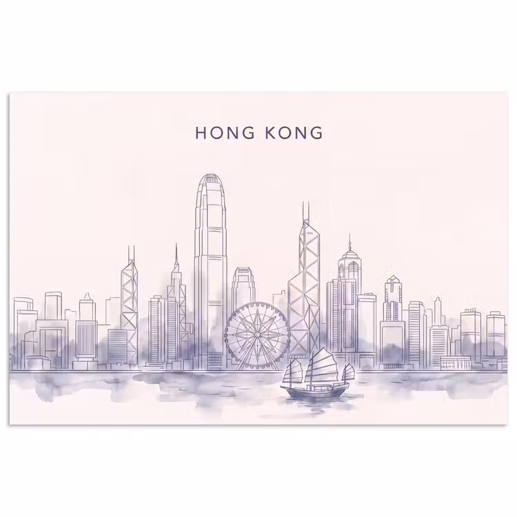 Stad - Skyline - Water - Lijntekening - Blauw poster papier klein -3d