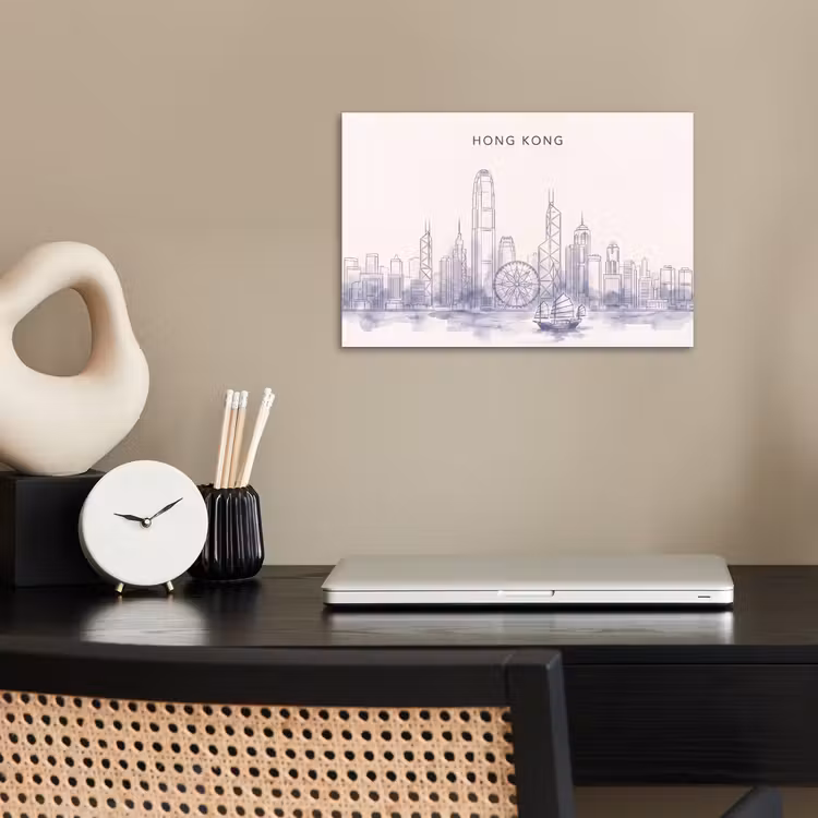 Stad - Skyline - Water - Lijntekening - Blauw poster papier klein -sfeer1