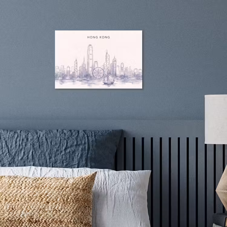 Stad - Skyline - Water - Lijntekening - Blauw poster papier klein -sfeer2