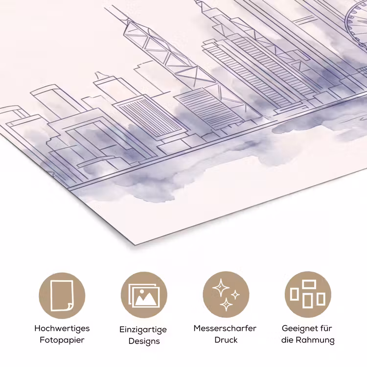 Stad - Skyline - Water - Lijntekening - Blauw poster papier klein -tcloseup_DE