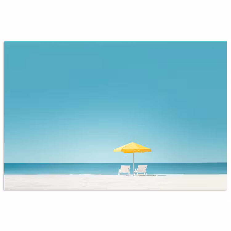 Strand - Blauwe lucht - Geel - Parasol poster papier klein -3d