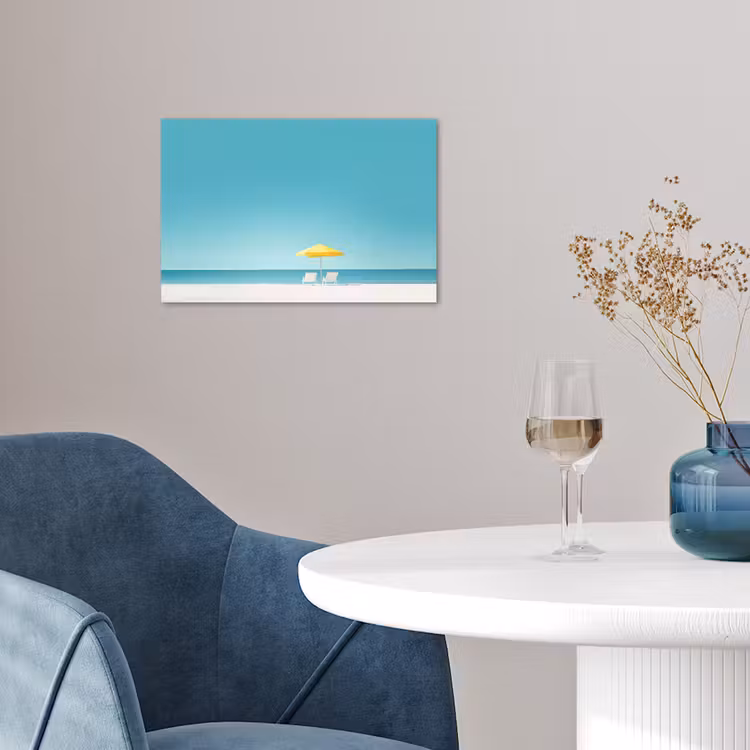 Strand - Blauwe lucht - Geel - Parasol poster papier klein -sfeer3
